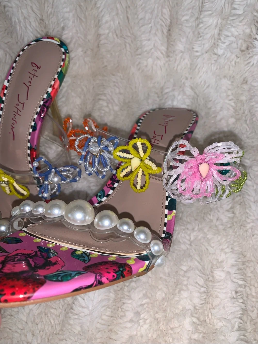 NWOB Betsey Johnson Goldiee Embellished Open-Toe Heels In Berry Multicolor 7.5